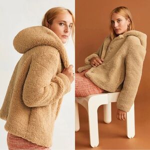 Mango Hooded Faux Shearling Teddy Jacket in Camel - S